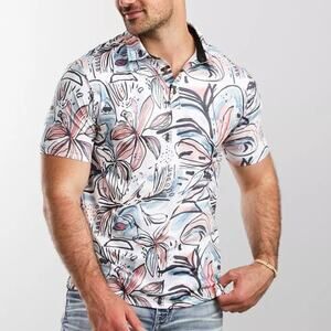 Flomotion Mens Floral Performance Polo Sz L Stretch Active Preppy Abstract Artsy